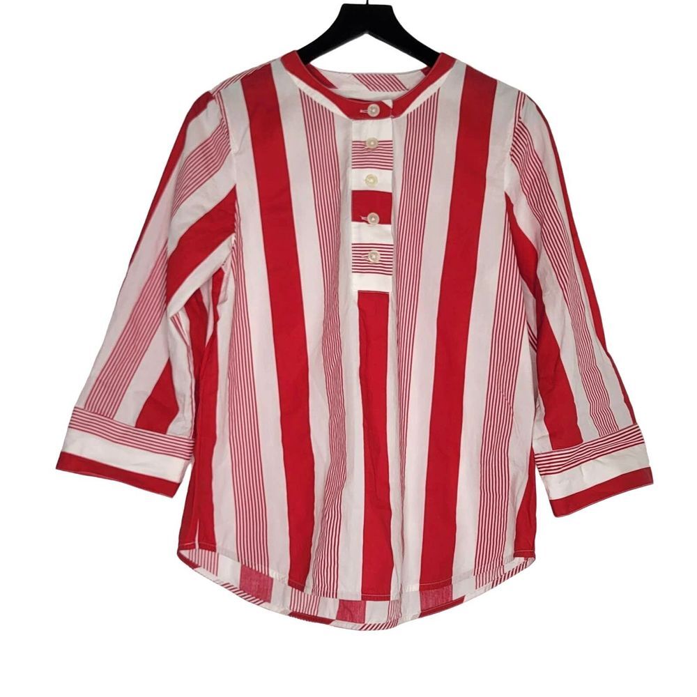 J‎ Crew Tunic Top XS Red White Stripe Popover Half Button Cotton Poplin Shirt